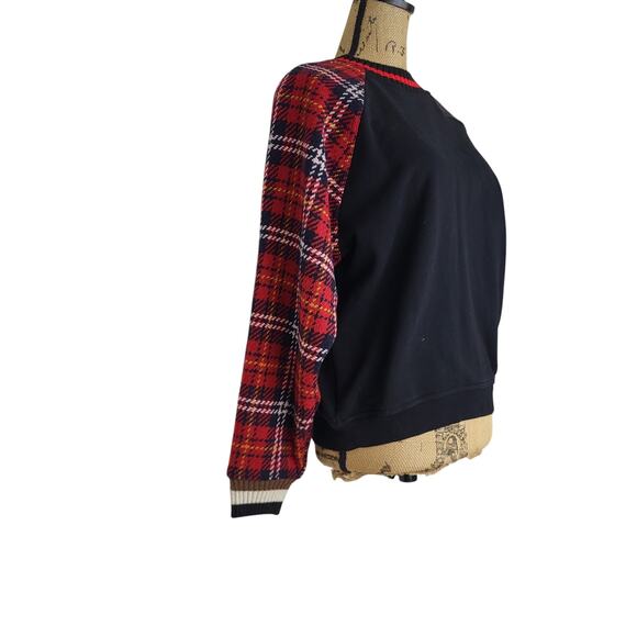 Desigual Raglan Plaid Sleeves Ribbed Knit Striped Collar Cuffs Sweatshirt Size M - Picture 4 of 9